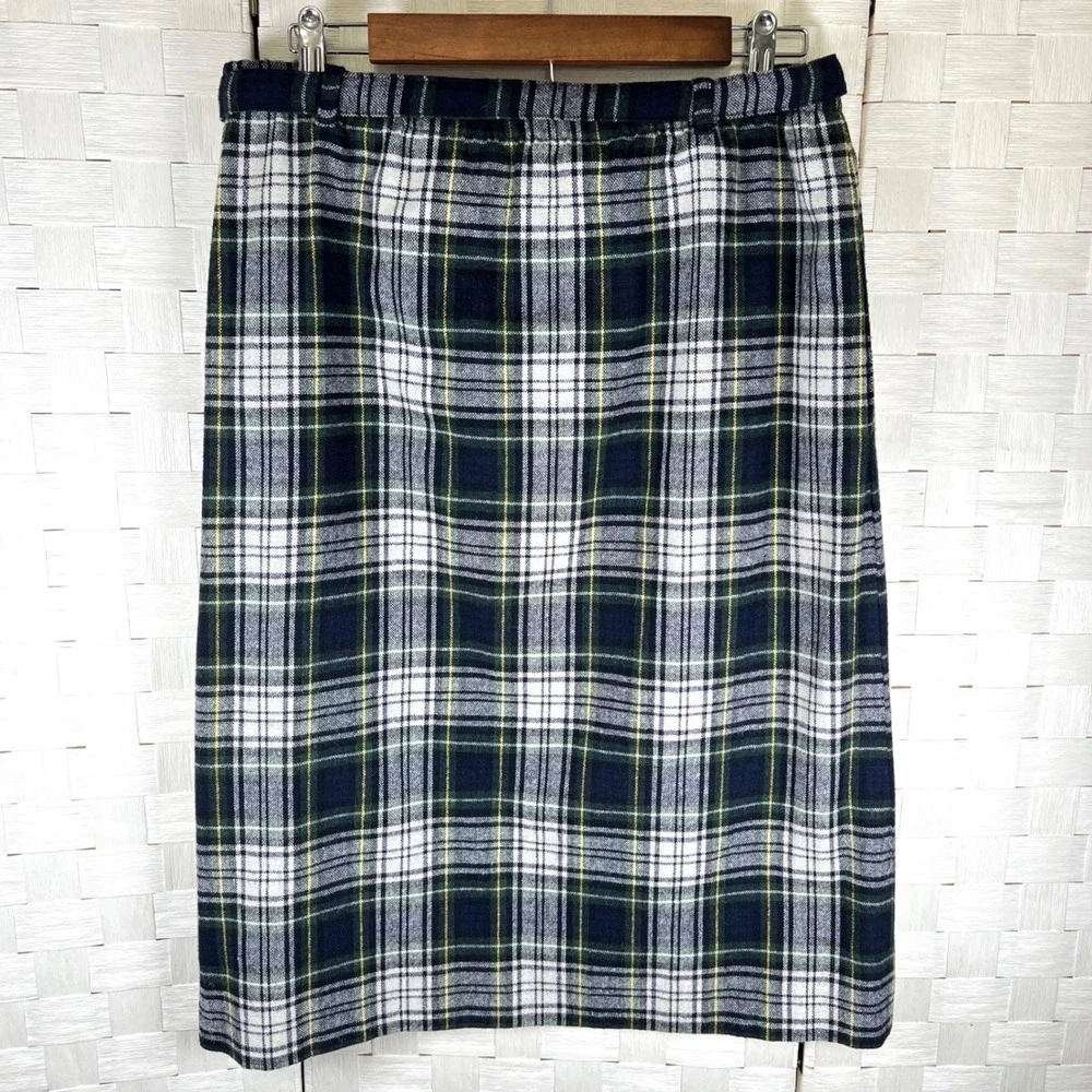 Vtg Prestige of Boston Plaid Midi Skirt Women Size 14‎ Green Navy Classic Tartan